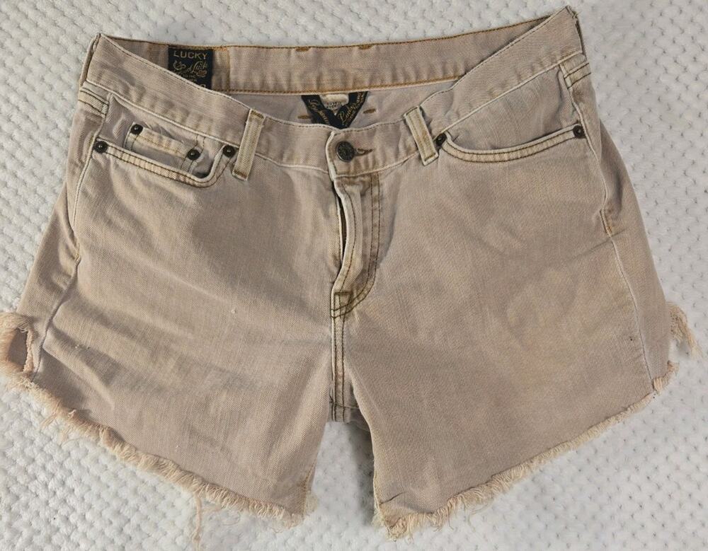 Lucky Brand Classic Rider Jean Shorts Womens 2/26 Beige Tan Cut Off Raw Hem #149